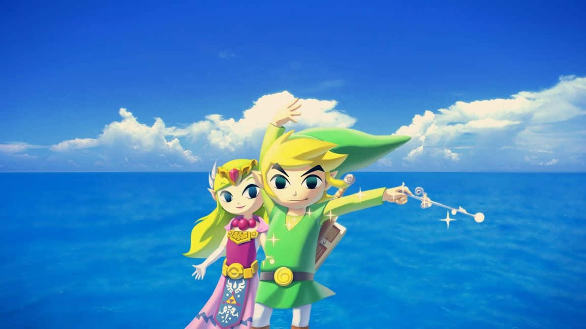 The Legend Of Zelda The Wind Waker 桌布 壁紙 — Link 和 Zelda 一起站在廣闊的藍色海洋上，天空明亮，雲朵蓬鬆。
