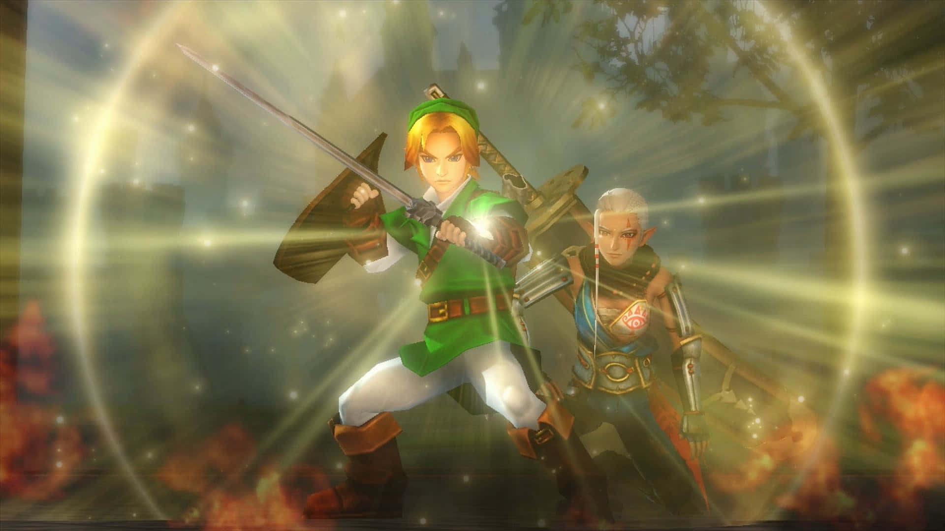 The Legend Of Zelda Hyrule 桌布 壁紙 — Link 和一位銀髮同伴手持劍，站在發光的金色圓環和火焰背景中，準備就緒。