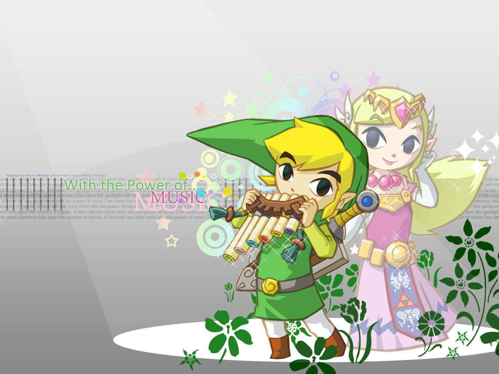Toon Link 桌布 壁紙 — Link 在 Zelda 旁邊吹奏陶笛，場景明亮夢幻，帶有花卉點綴和閃爍效果。
