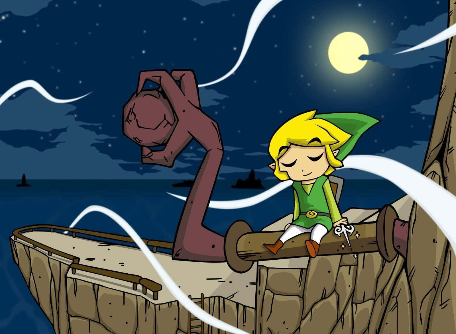 The Legend Of Zelda The Wind Waker 桌布 壁紙 — Link 在夜晚平靜地坐在懸崖邊，一隻巨大的石手在發光的月亮下從海中浮現。