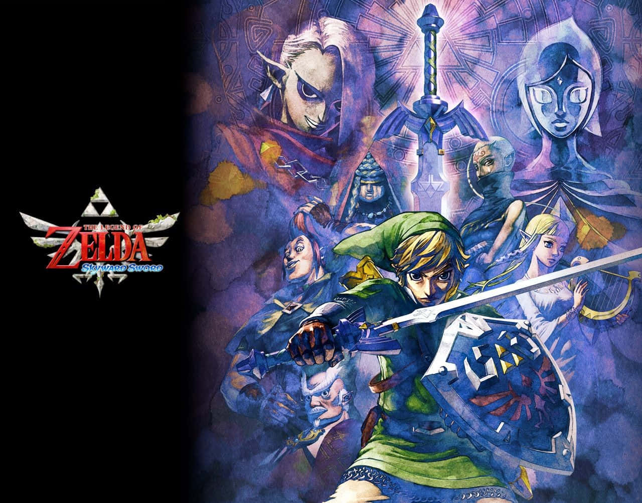 The Legend Of Zelda Skyward Sword 桌布 壁紙 — Link 手持劍與盾準備就緒，Zelda 及其他英雄與反派環繞著他，構成一個戲劇性的奇幻場景。