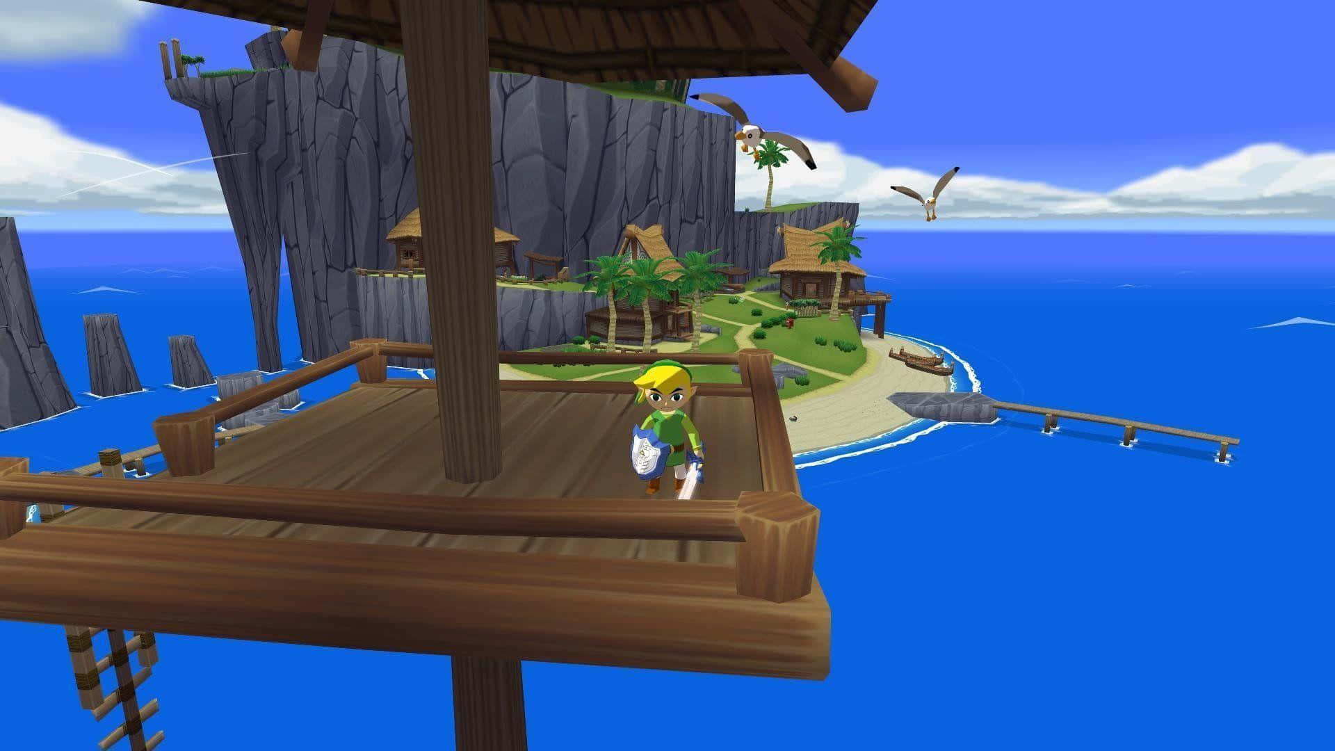 The Legend Of Zelda The Wind Waker 桌布 壁紙 — Link 站在一個木製平台上，俯瞰一個熱帶島嶼村莊，村莊有茅草屋和棕櫚樹，周圍是深藍色的海洋。