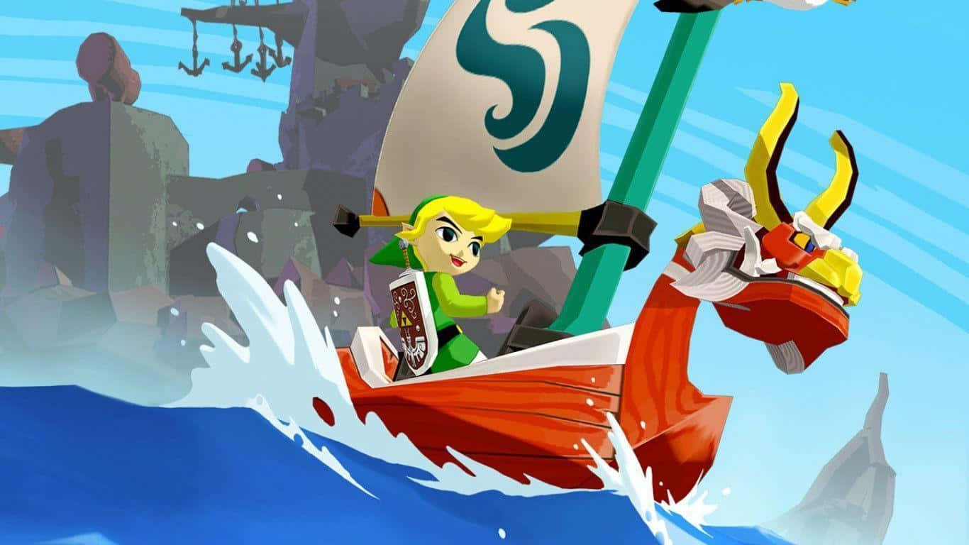 Toon Link 桌布 壁紙 — Link 駕駛一艘紅色龍頭船，帶有綠色帆，在岩石懸崖附近的藍色海浪上行駛。
