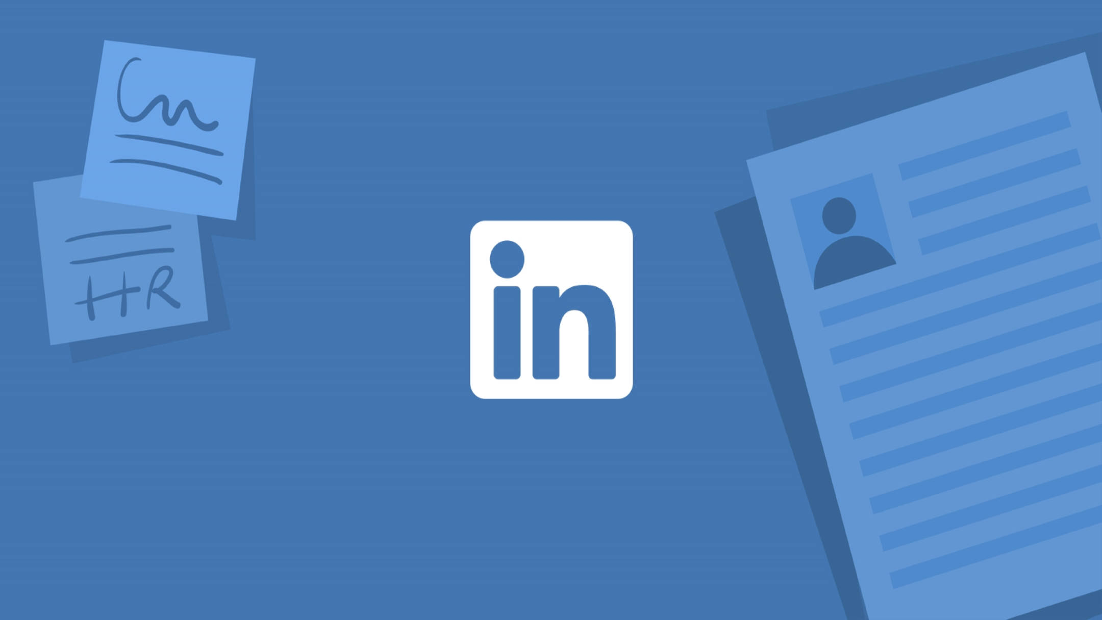 Linkedin 桌布 壁紙 — LinkedIn 標誌居中在藍色背景上，帶有浮動的便利貼和文件圖標。