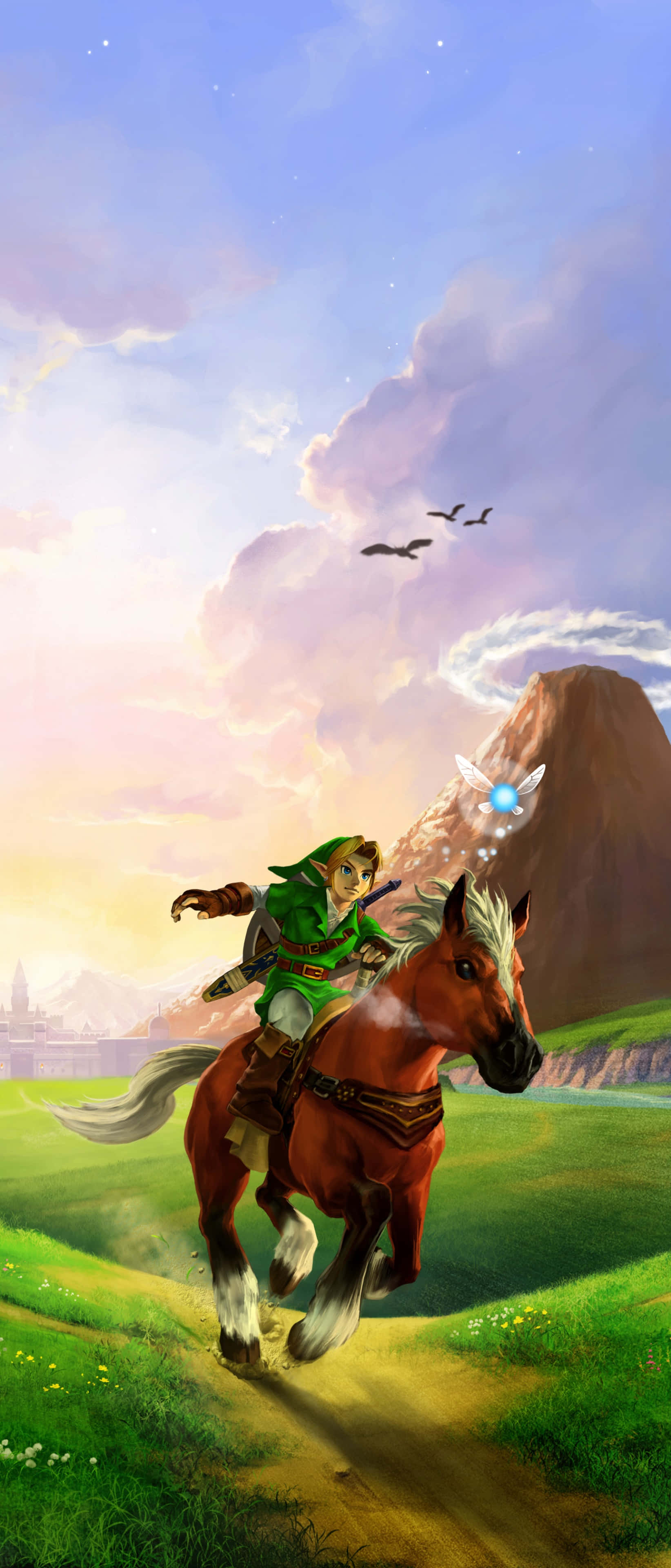 Zelda Phone 桌布 壁紙 — Link騎著一匹奔騰的馬，越過陽光照耀的草地山丘，天空柔和如粉彩，遠山和飛鳥相伴。