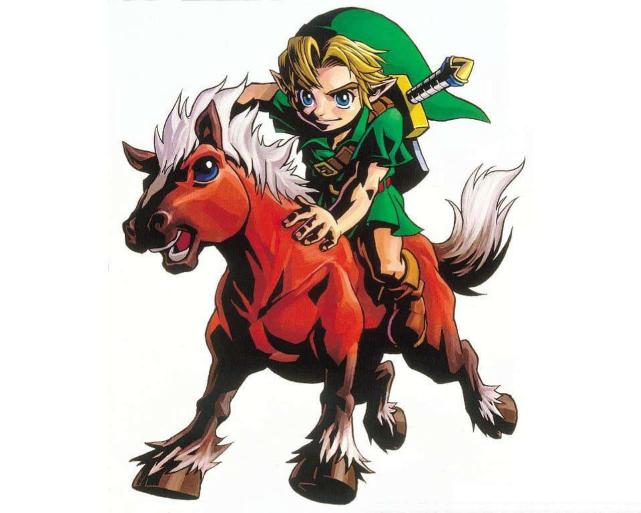 The Legend Of Zelda Epona 桌布 壁紙 — Link騎著一匹有著白色鬃毛和尾巴的火紅色馬匹，呈現動態的動漫風格插圖。