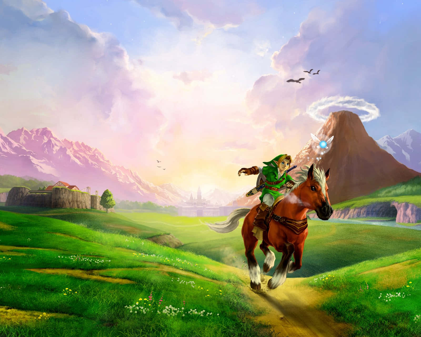 The Legend Of Zelda Epona 桌布 壁紙 — Link騎著馬穿過一片充滿活力的綠色田野，朝著遠處的城堡前進，背景是粉彩色的日落天空，有山脈和鳥兒。