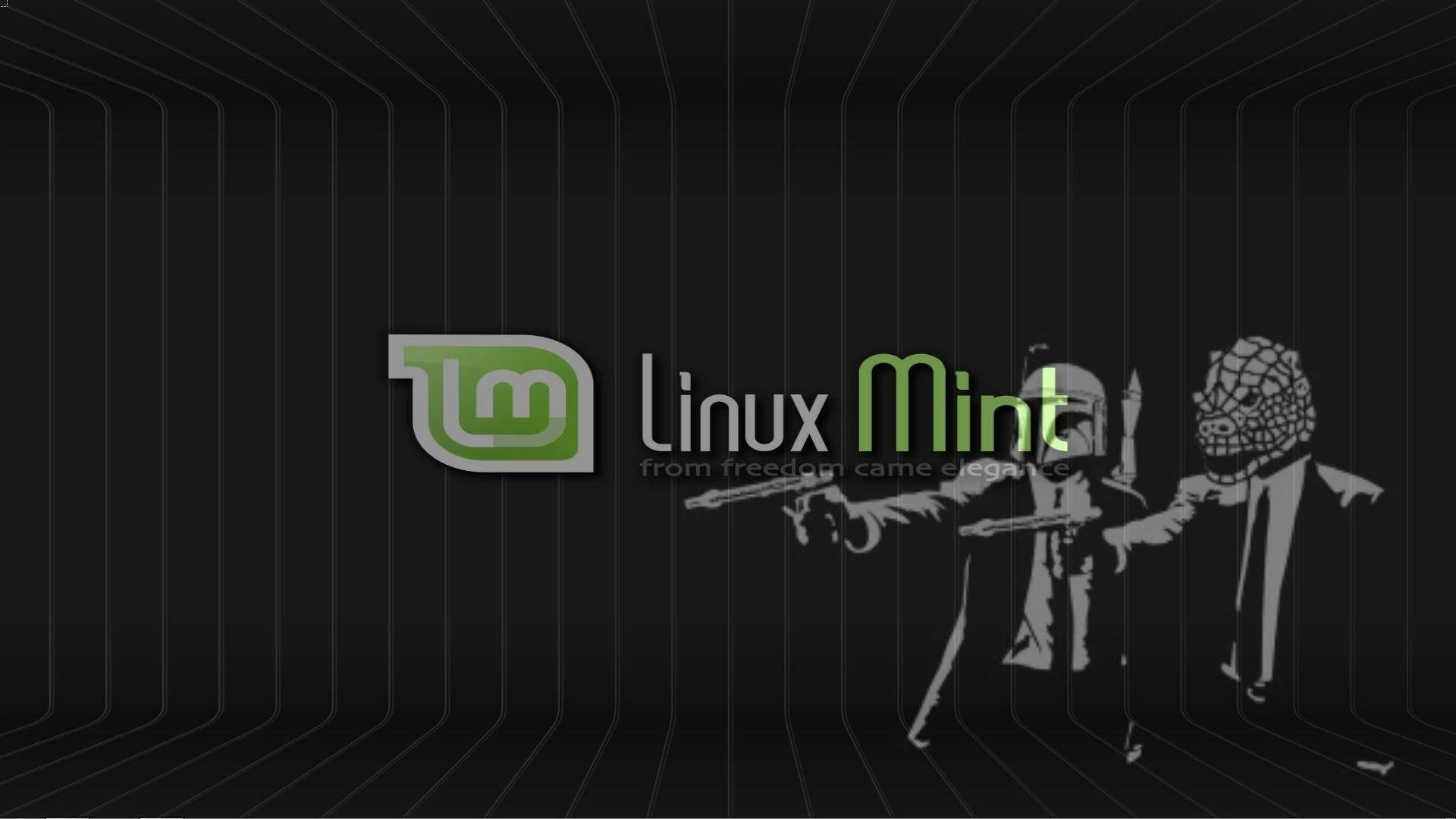 Linux 桌布 壁紙 — Linux Mint 標誌，兩個風格化人物持槍，背景為黑色並帶有匯聚線條。