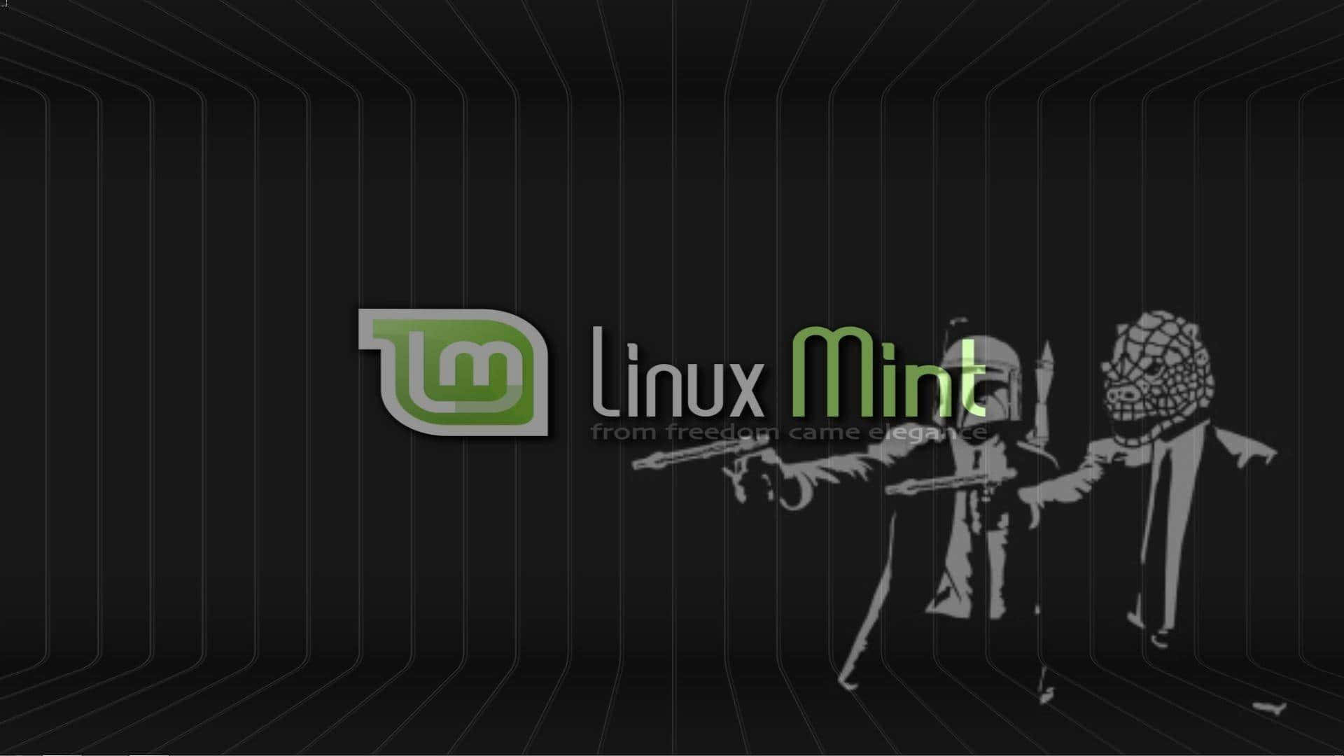 Operating System 桌布 壁紙 — Linux Mint 標誌，在黑暗走廊中有兩個風格化人物，帶有發光綠色文字和線條。