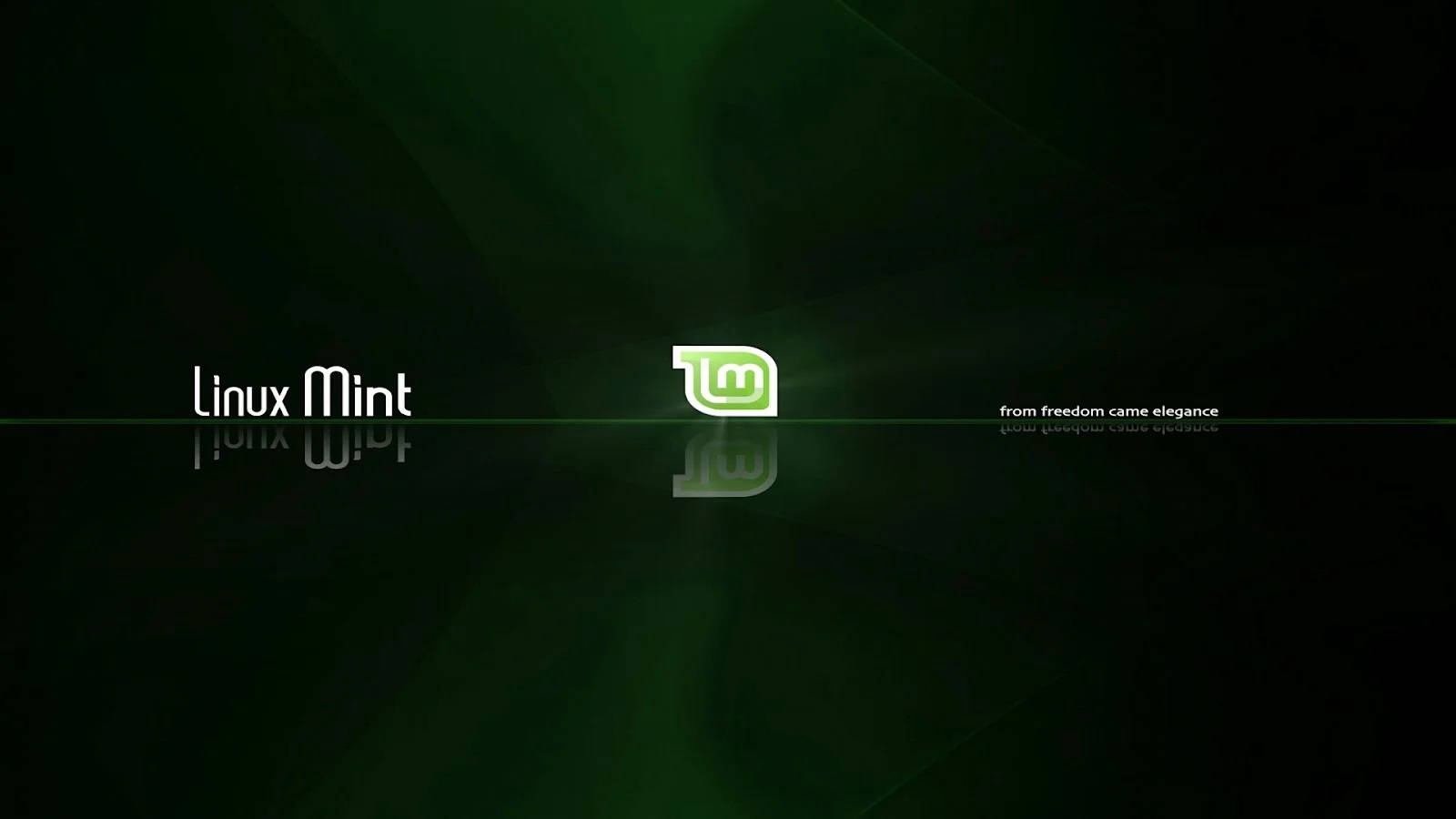Linux 桌布 壁紙 — Linux Mint 標誌在深色漸變背景上發出綠色光芒，帶有微妙的光線條紋和反光文字。