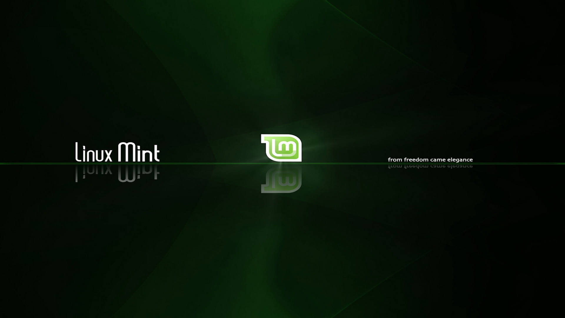 Linux Mint 桌布 壁紙 — Linux Mint 標誌在深色漸層背景上發出綠色光芒，帶有微妙的反射和文字。