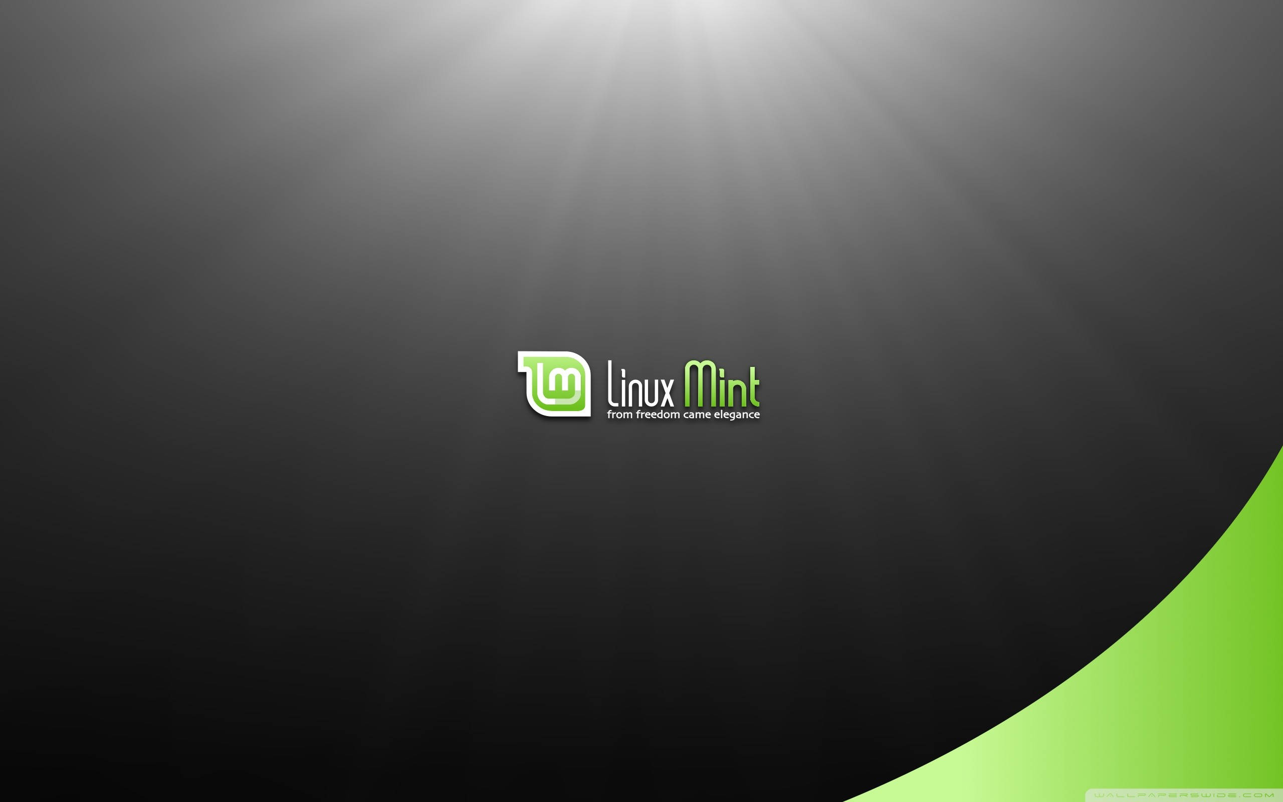 Linux 桌布 壁紙 — Linux Mint 標誌居中於深色漸變背景上，帶有耀眼的光束和充滿活力的綠色彎曲點綴。