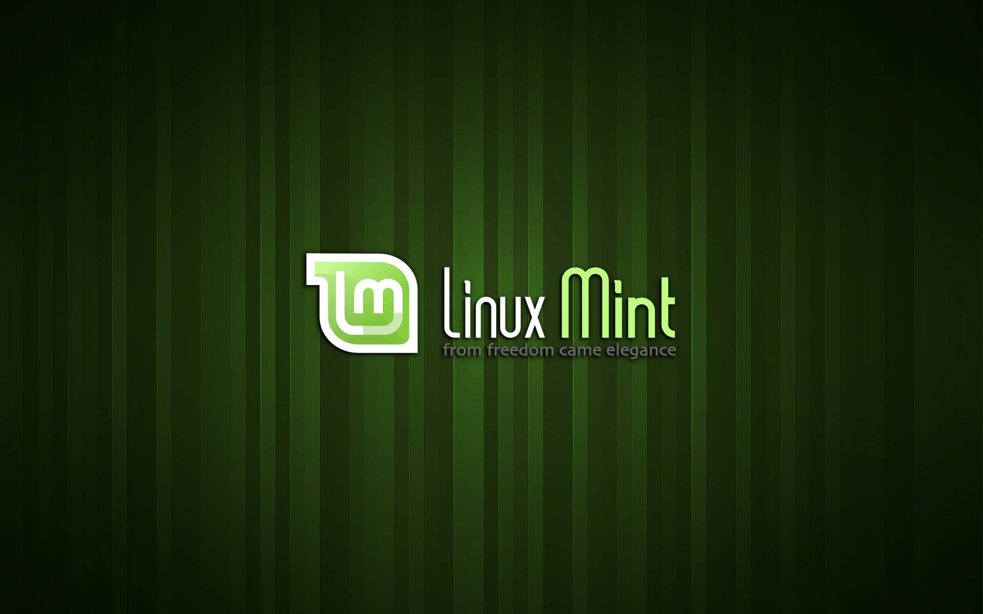 Linux 桌布 壁紙 — Linux Mint 標誌居中顯示在深綠色垂直條紋背景上，帶有發光的綠色文字。
