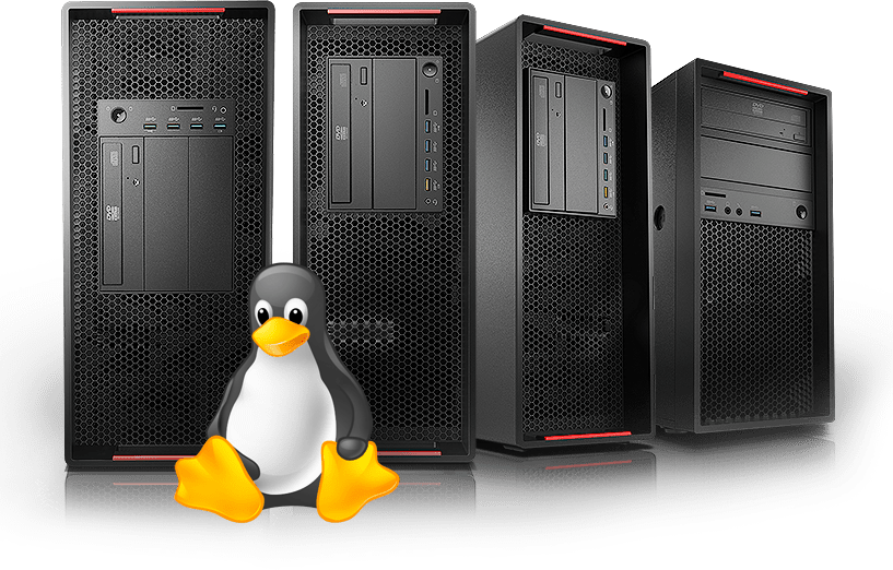 Linux 企鵝吉祥物在四座帶有紅色點綴的黑色伺服器機櫃前。 — Linux 壁紙