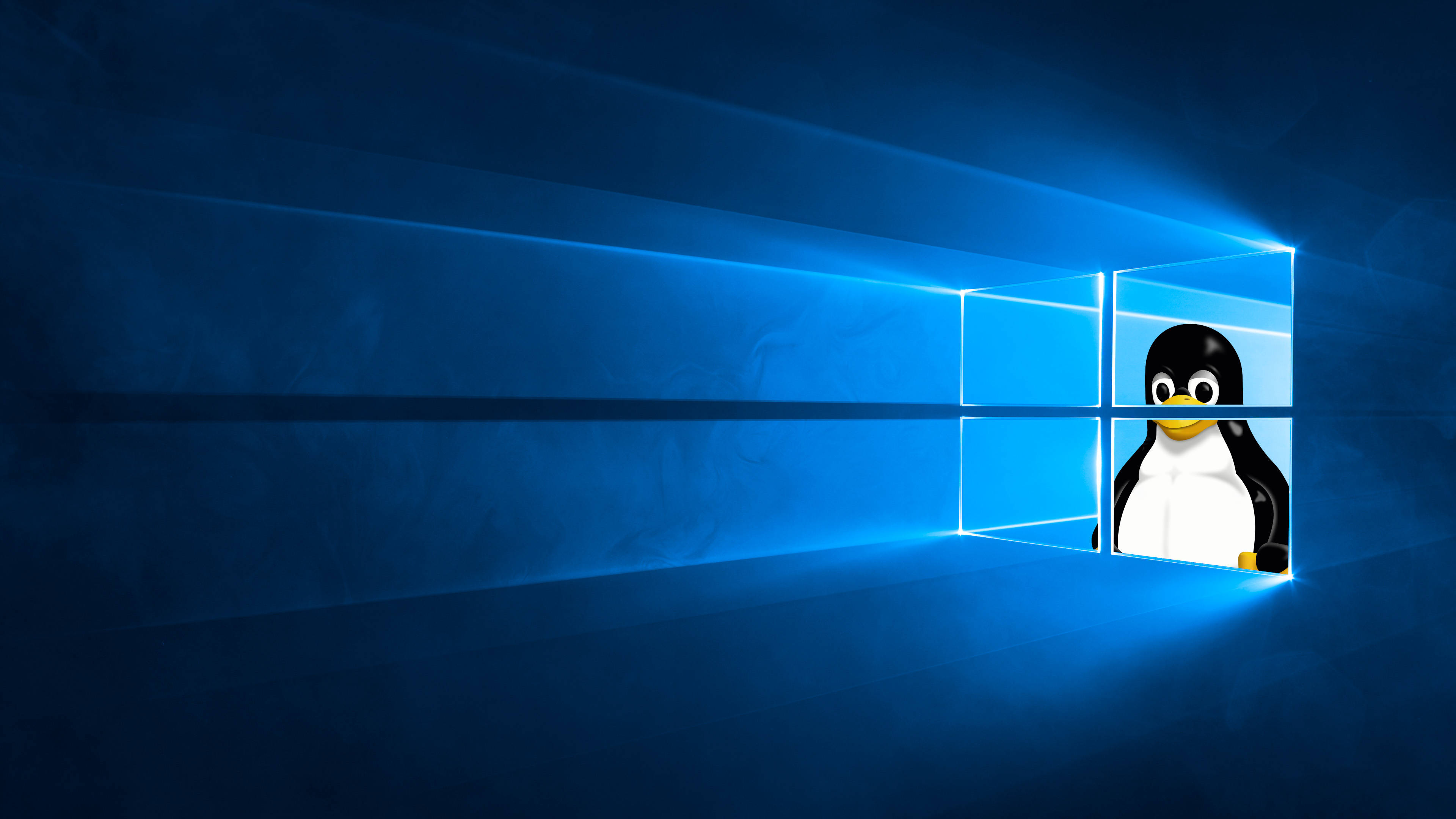 Cartoon 桌布 壁紙 — Linux 企鵝吉祥物在深藍色漸變背景上，透過發光的藍色 Windows 10 窗格偷看。