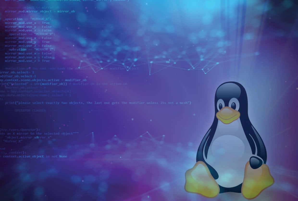 Penguin Tux 桌布 壁紙 — Linux 企鵝吉祥物站在一個發光的數位空間中，周圍有浮動的程式碼和網路線條，背景為紫藍色漸變。