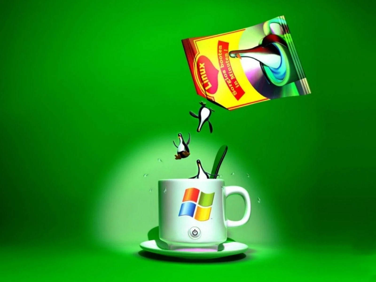 桌面 桌布 壁紙 — Linux 企鵝角色從 Linux 盒子倒進 Windows 標誌咖啡杯，背景為鮮綠色。
