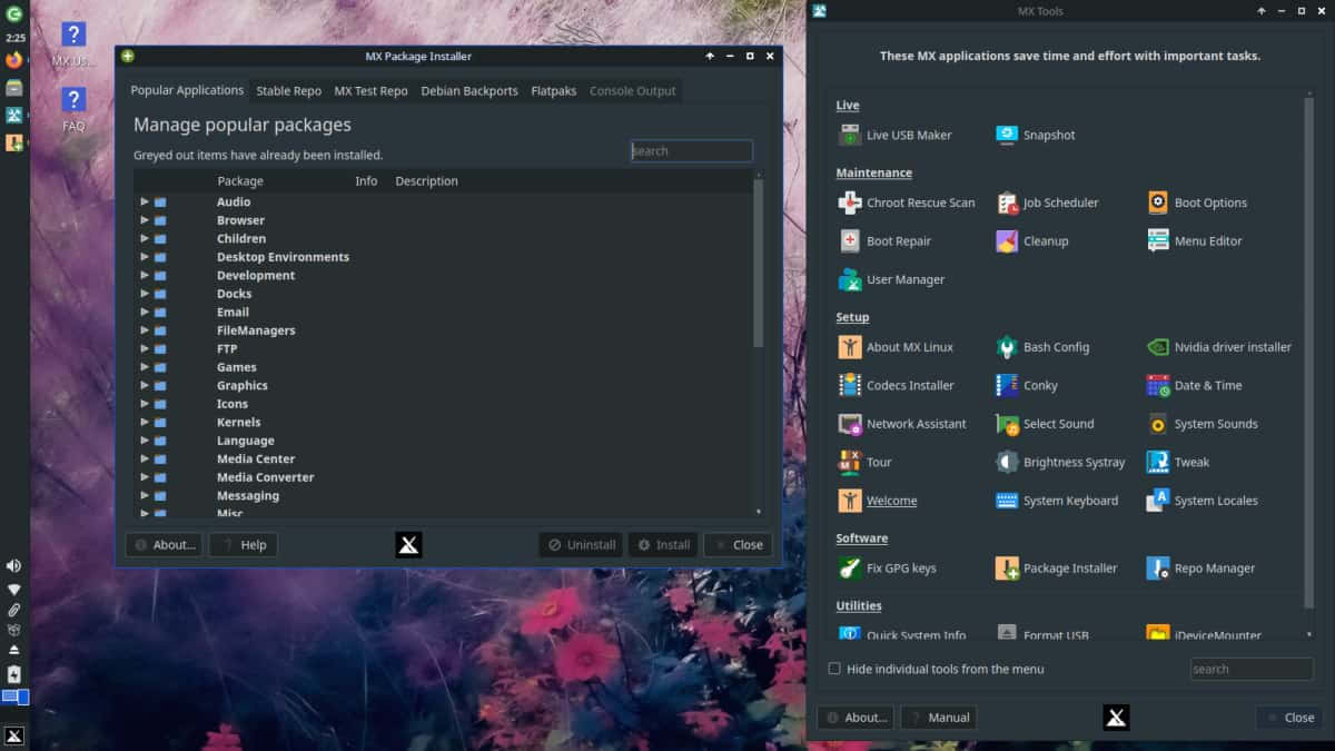 Linux 桌布 壁紙 — Linux 桌面，MX Package Installer 和 MX Tools 視窗開啟，背景為充滿活力的抽象花卉桌布。