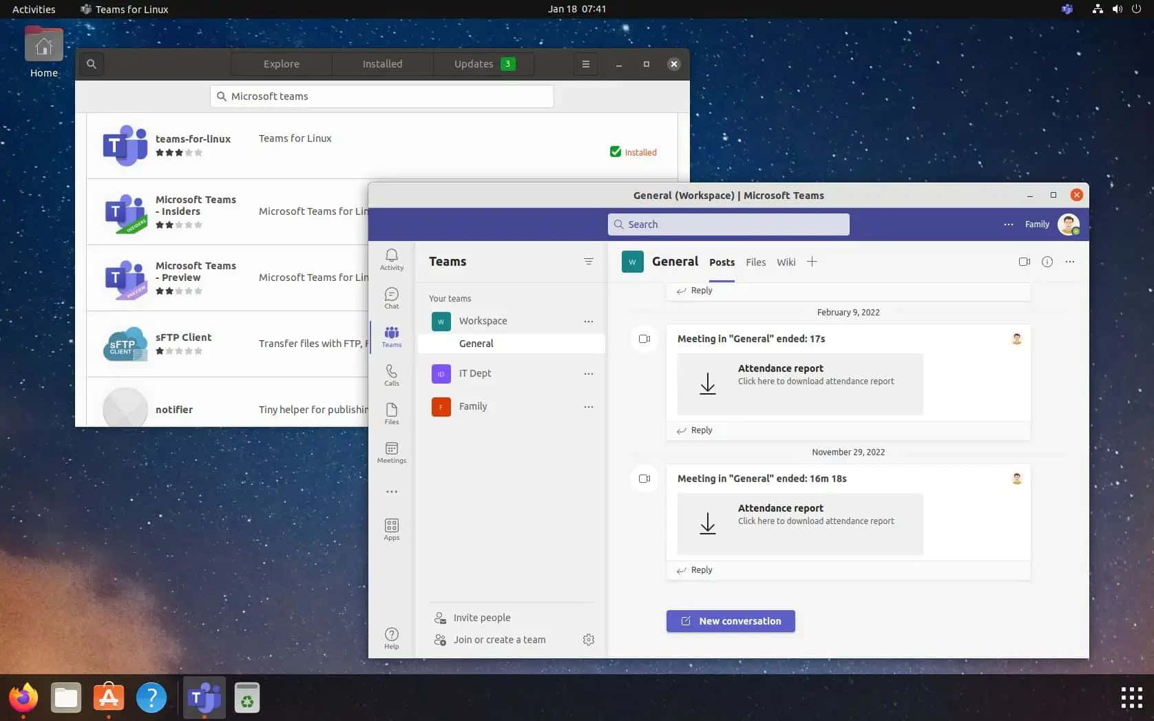 Microsoft Teams 桌布 壁紙 — Linux 桌面，開啟 Microsoft Teams 應用程式，顯示會議出席報告，背景為星空太空桌布。