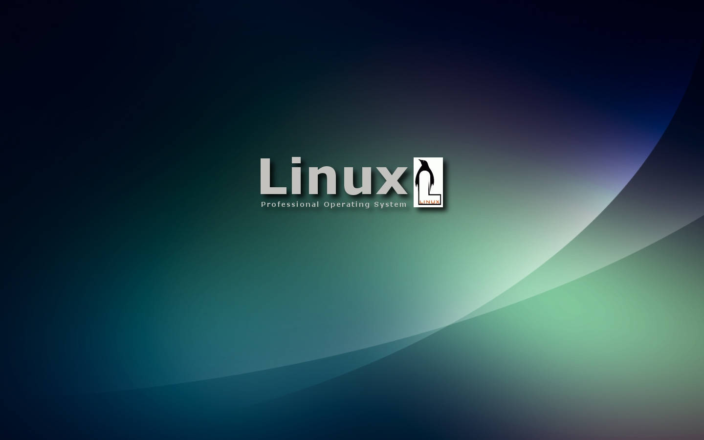 Linux 桌布 壁紙 — Linux 標誌居中於深藍色和藍綠色的漸變背景上，帶有柔和彎曲的光線條紋。