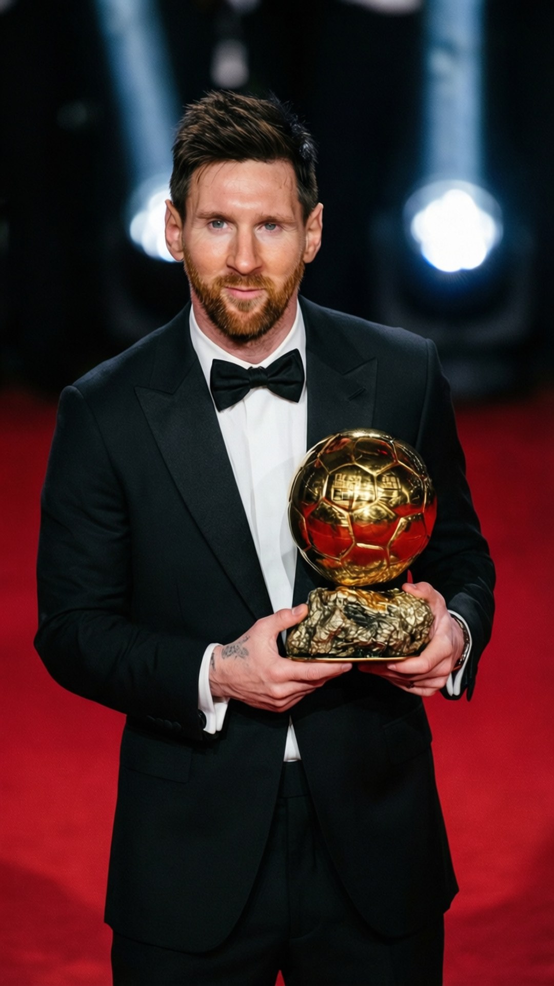 Messi Art 桌布 壁紙 — 利昂內爾·梅西身穿黑色燕尾服，在明亮的舞台燈光下，於紅地毯上手持閃閃發光的金色足球獎盃。