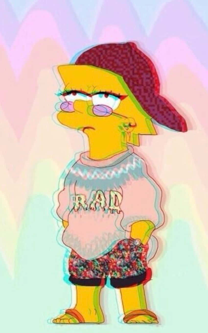  壁紙 — Lisa Simpson 戴著紅色帽子和穿著 'RAD' 毛衣，站在粉彩鋸齒背景前，帶有故障色彩邊緣。
