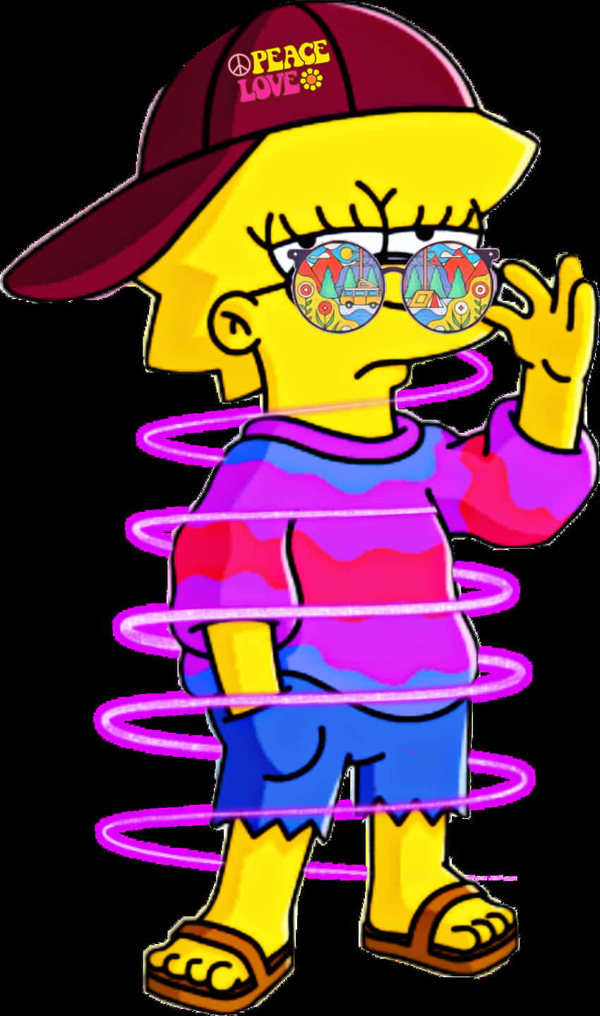  壁紙 — Lisa Simpson 戴著栗色帽子和紮染襯衫，被發光的粉紅色環圈包圍，戴著帶有山景的迷幻太陽眼鏡。