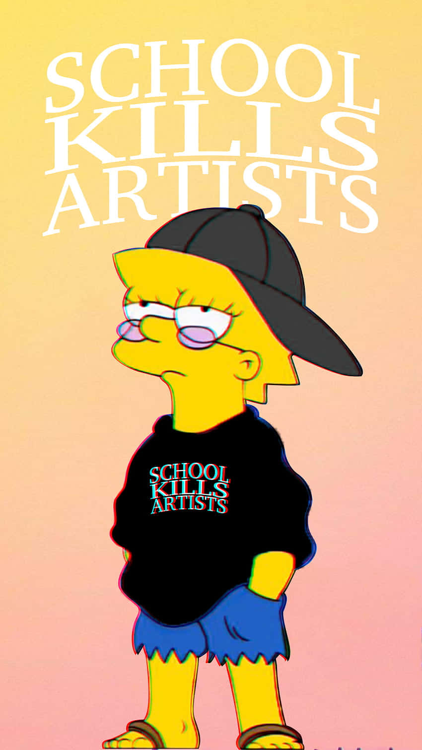  壁紙 — 麗莎·辛普森戴著黑色鴨舌帽和穿著襯衫，上面有「SCHOOL KILLS ARTISTS」文字，背景是黃色粉紅色漸層。