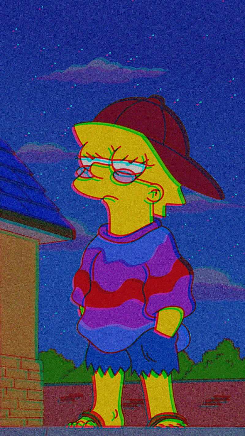  壁紙 — 麗莎·辛普森在夜晚星空下戴著帽子、眼鏡和彩色條紋毛衣站在外面。