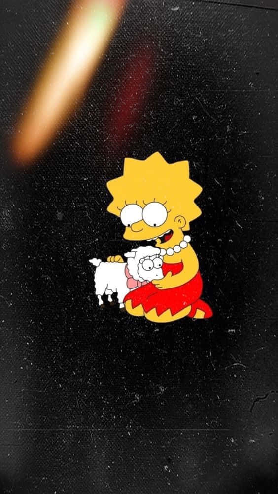 Simpsons Aesthetic 桌布 壁紙 — Lisa Simpson 以其標誌性的黃色頭髮和紅色連衣裙，在帶有溫暖光線條紋的粗糙黑色紋理背景前抱著一隻白色羔羊。