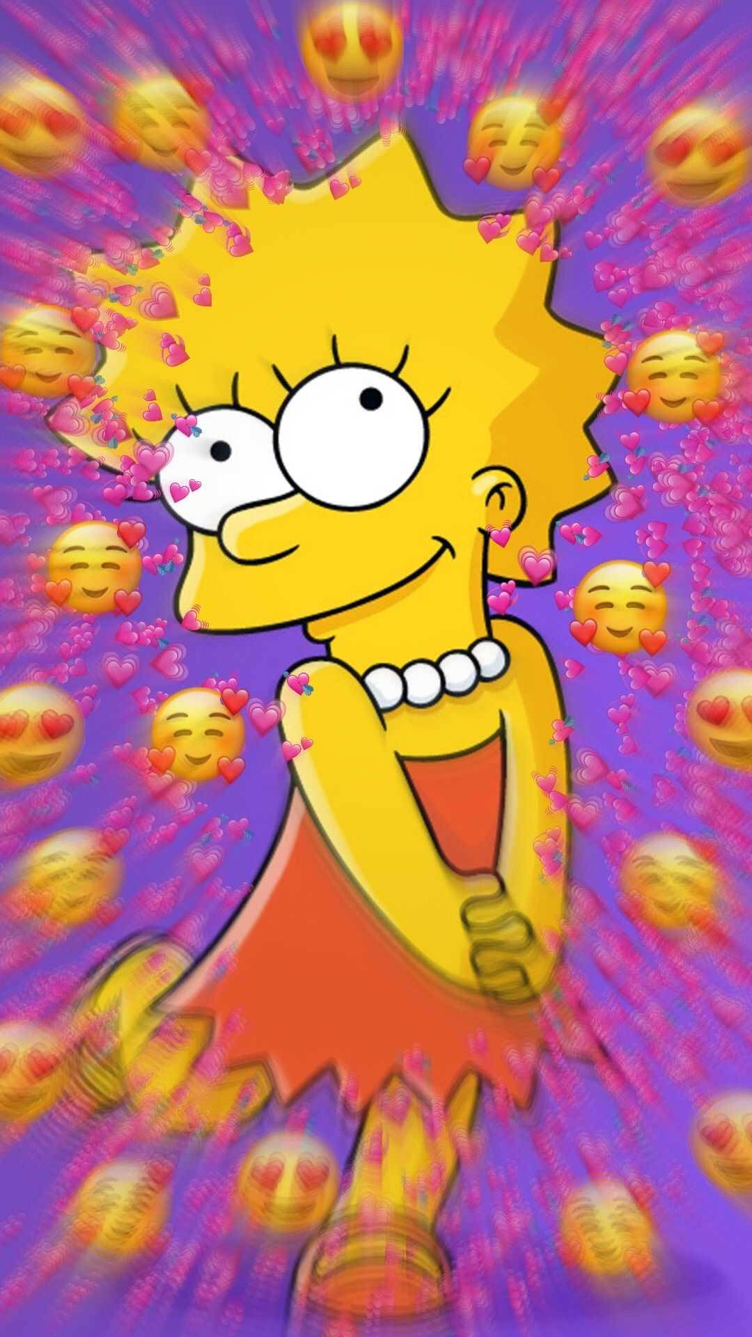 Cartoon 桌布 壁紙 — Lisa Simpson 在充滿活力的紫色背景上，被漂浮的心心眼表情符號包圍，露出燦爛笑容。