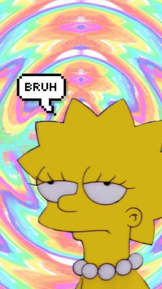 meme 桌布 壁紙 — Lisa Simpson 帶著無聊的表情，背景是迷幻的彩虹漩渦，還有一個像素化的「BRUH」對話氣泡。