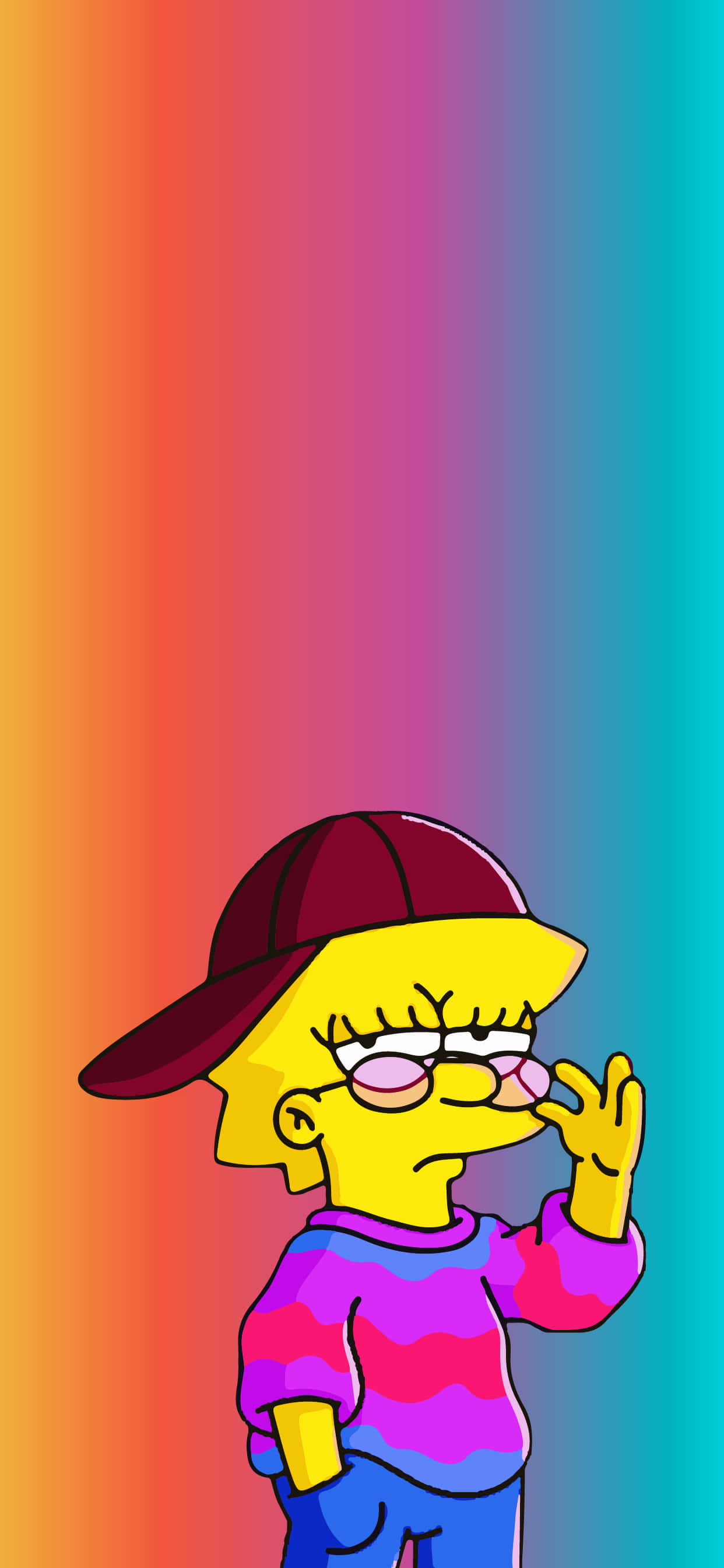 辛普森家庭 桌布 壁紙 — Lisa Simpson 戴著栗色帽子和條紋襯衫，在充滿活力的彩虹漸變背景前擺姿勢。
