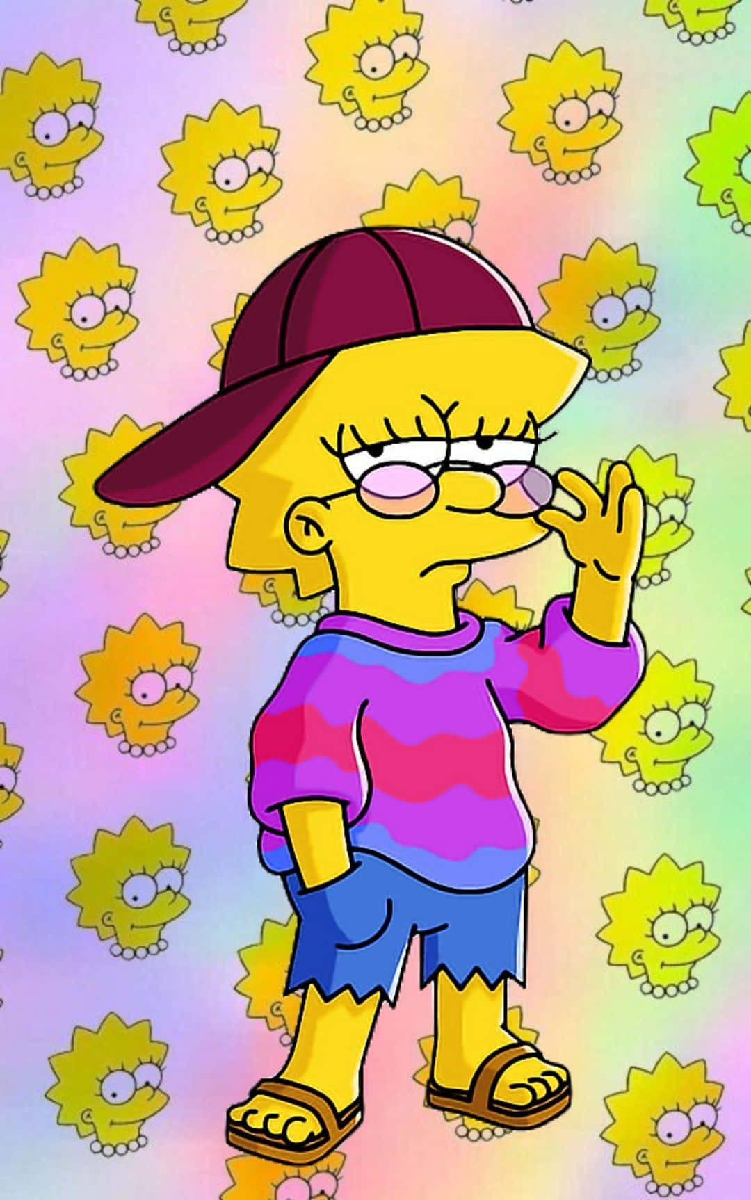 Simpsons Aesthetic 桌布 壁紙 — Lisa Simpson 戴著栗色帽子和紫色襯衫，站在彩虹漸變背景上她臉部的重複圖案前。