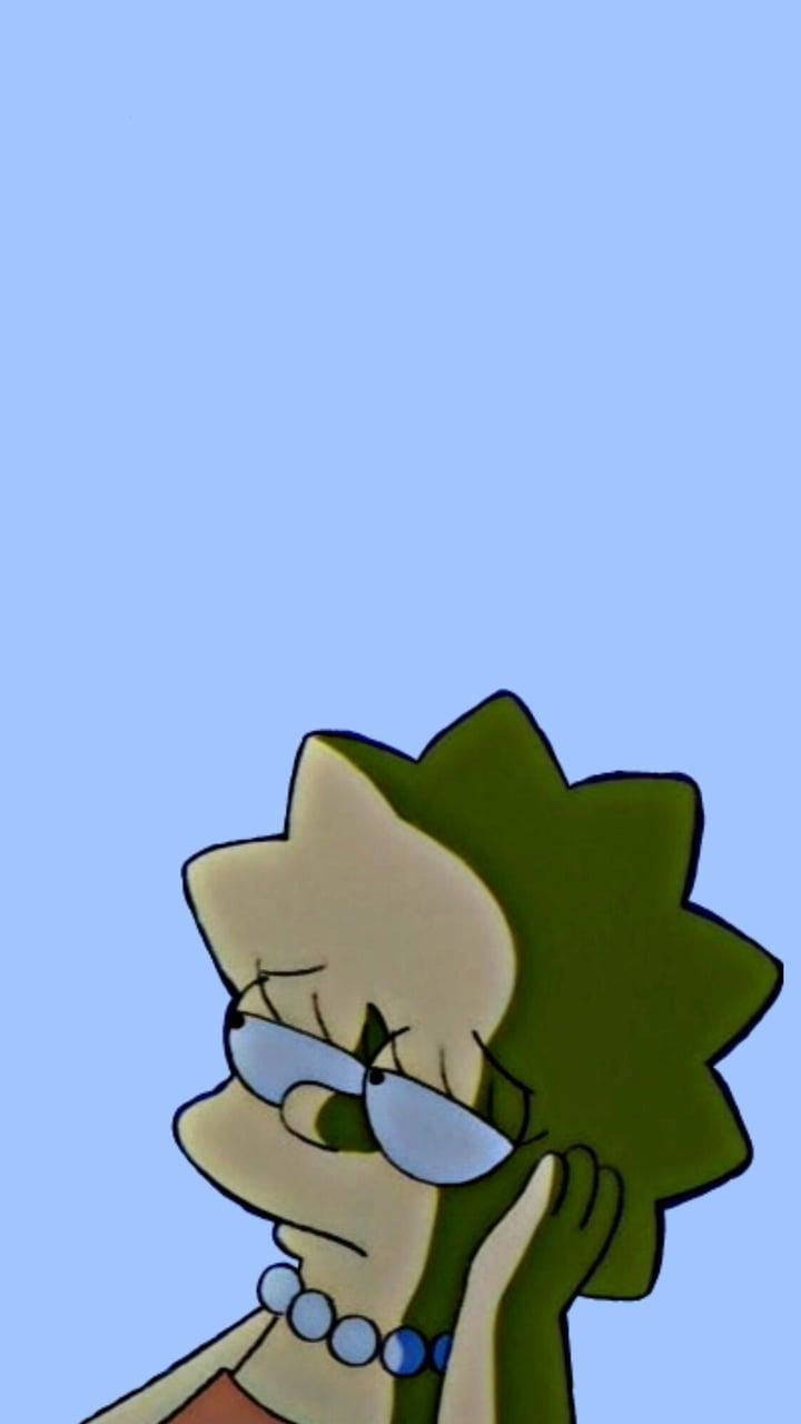 Sad Simpsons 桌布 壁紙 — Lisa Simpson 擁有綠色尖刺頭髮和眼鏡，在純藍色背景上看起來很無聊。