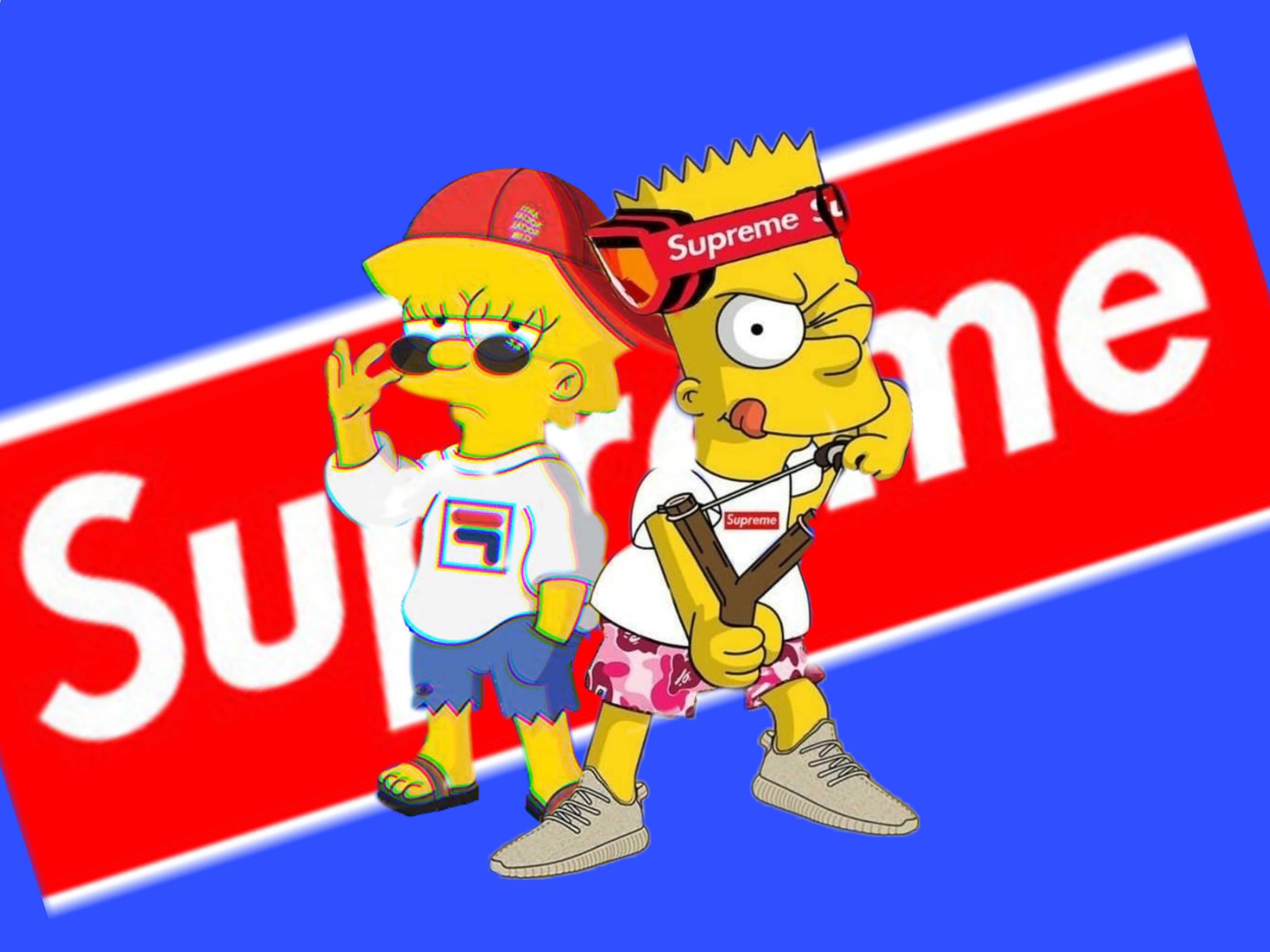 Blue 桌布 壁紙 — Lisa和Bart Simpson穿著Supreme品牌街頭服飾，在鮮明的紅色和藍色Supreme標誌背景前自信地擺姿勢。