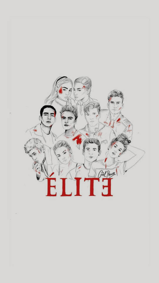 Elite 桌布 壁紙 — Élite 電視劇集演員的風格化插圖，臉上帶有紅色飛濺，背景為純色。