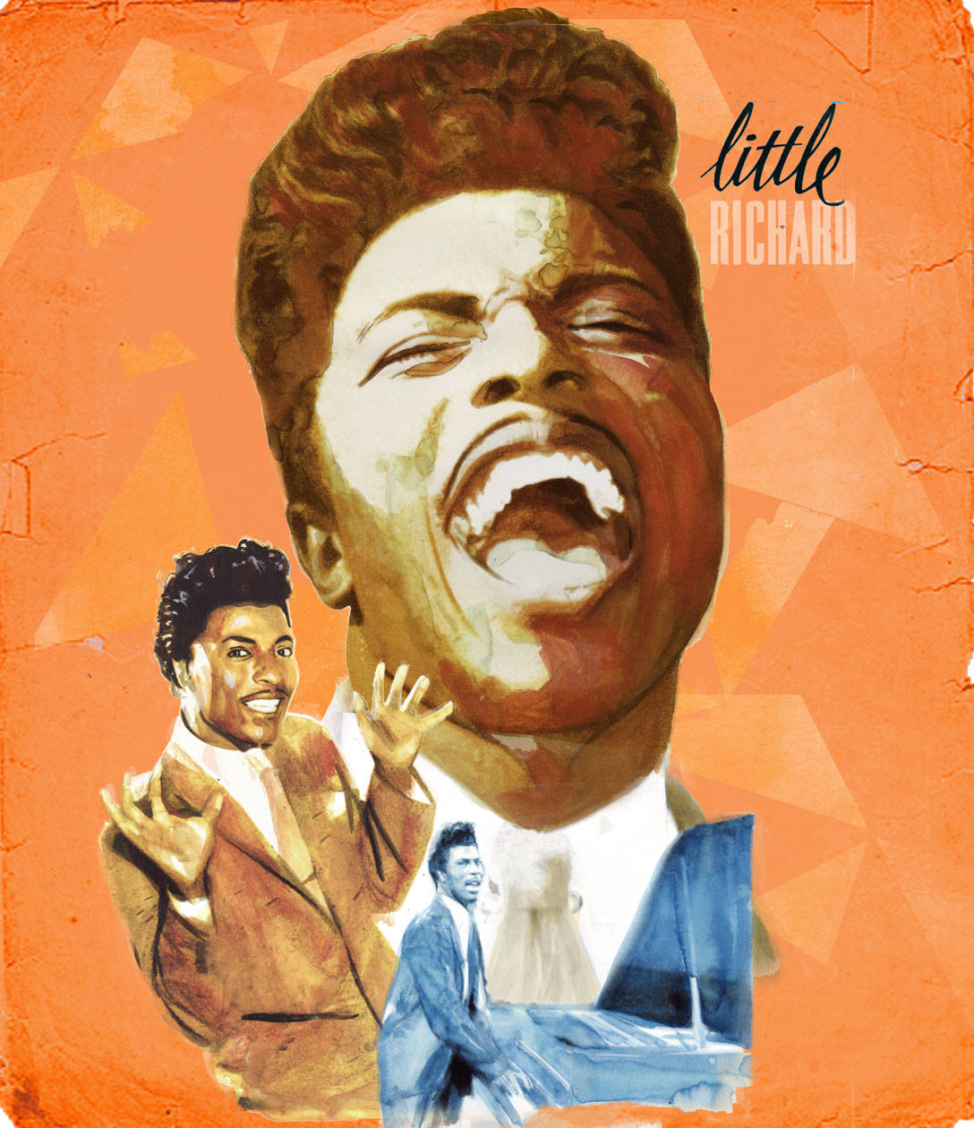 Celebrity 桌布 壁紙 — Little Richard 在橙色幾何背景前熱情歌唱的鮮豔水彩肖像。