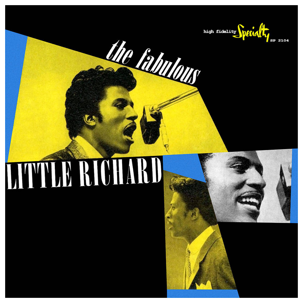 recording 桌布 壁紙 — Little Richard 對著麥克風唱歌的鮮豔幾何拼貼畫，配以大膽的黃色、藍色和黑色區塊。