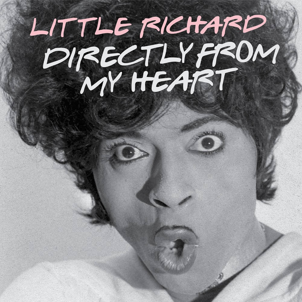 復古 桌布 壁紙 — Little Richard 的黑白特寫，頭髮凌亂，伸出舌頭，文字疊加顯示「LITTLE RICHARD DIRECTLY FROM MY HEART」。