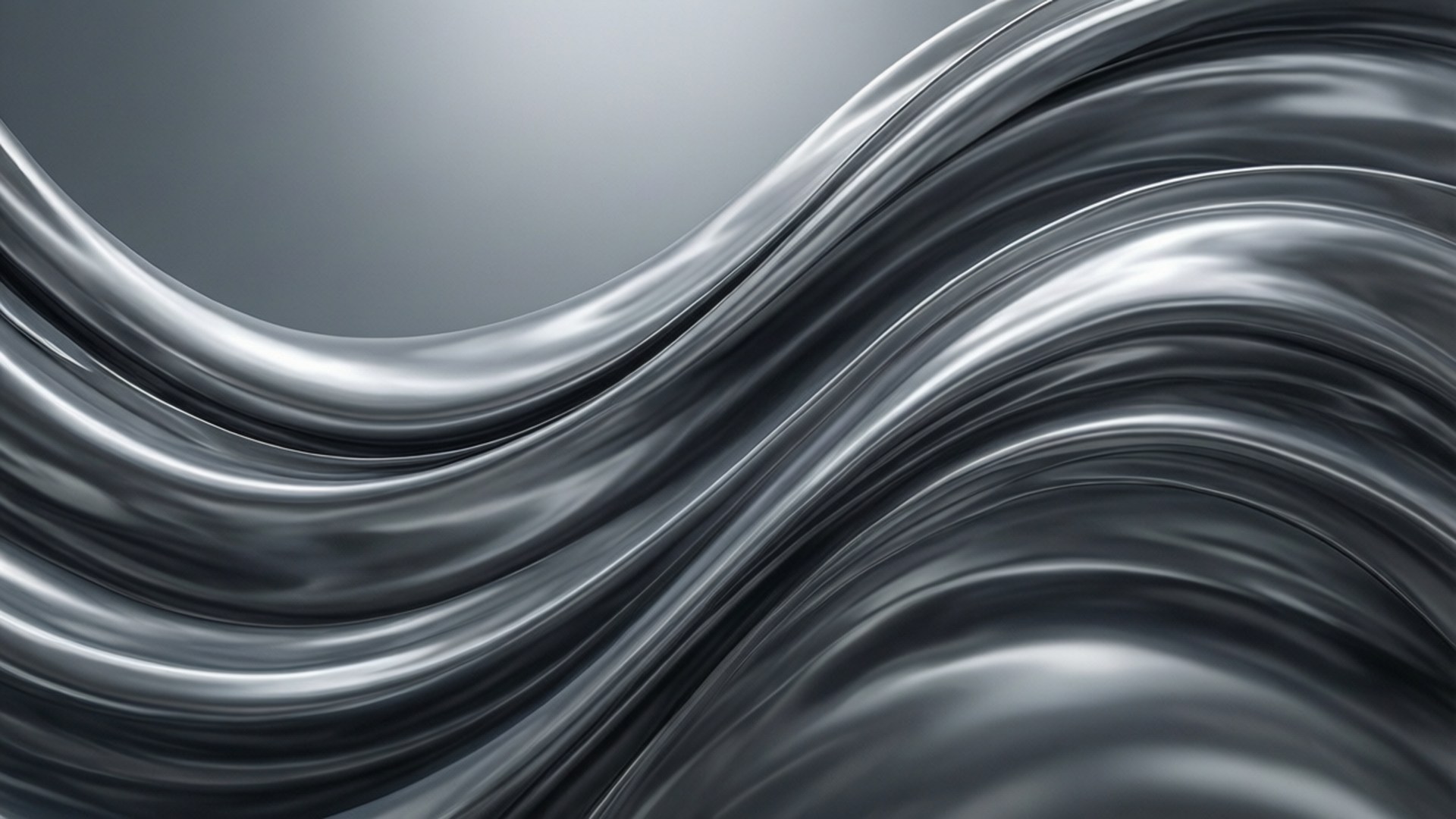 Liquid Grey Curves 壁紙 — 流暢的金屬銀色波浪在柔和的漸變灰色背景上優雅地彎曲，帶有反射亮點。