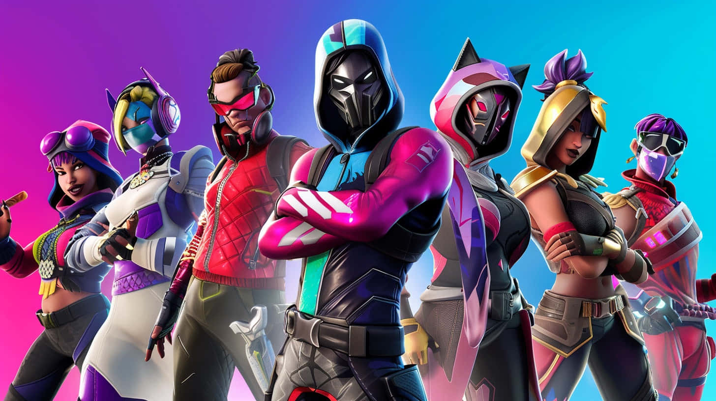  壁紙 — 六個風格化的 Fortnite 角色穿著充滿活力的未來裝備，在紫色和藍色的漸變背景上自信地擺姿勢。