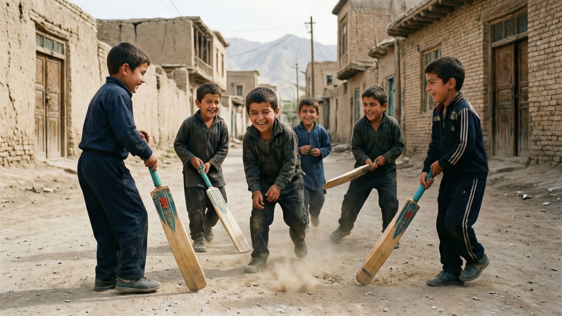Cricket in the Streets 壁紙 — 六個快樂的男孩穿著破舊的衣服，在泥磚建築之間的塵土飛揚的街道上，用木製球棒打板球，背景是山脈。
