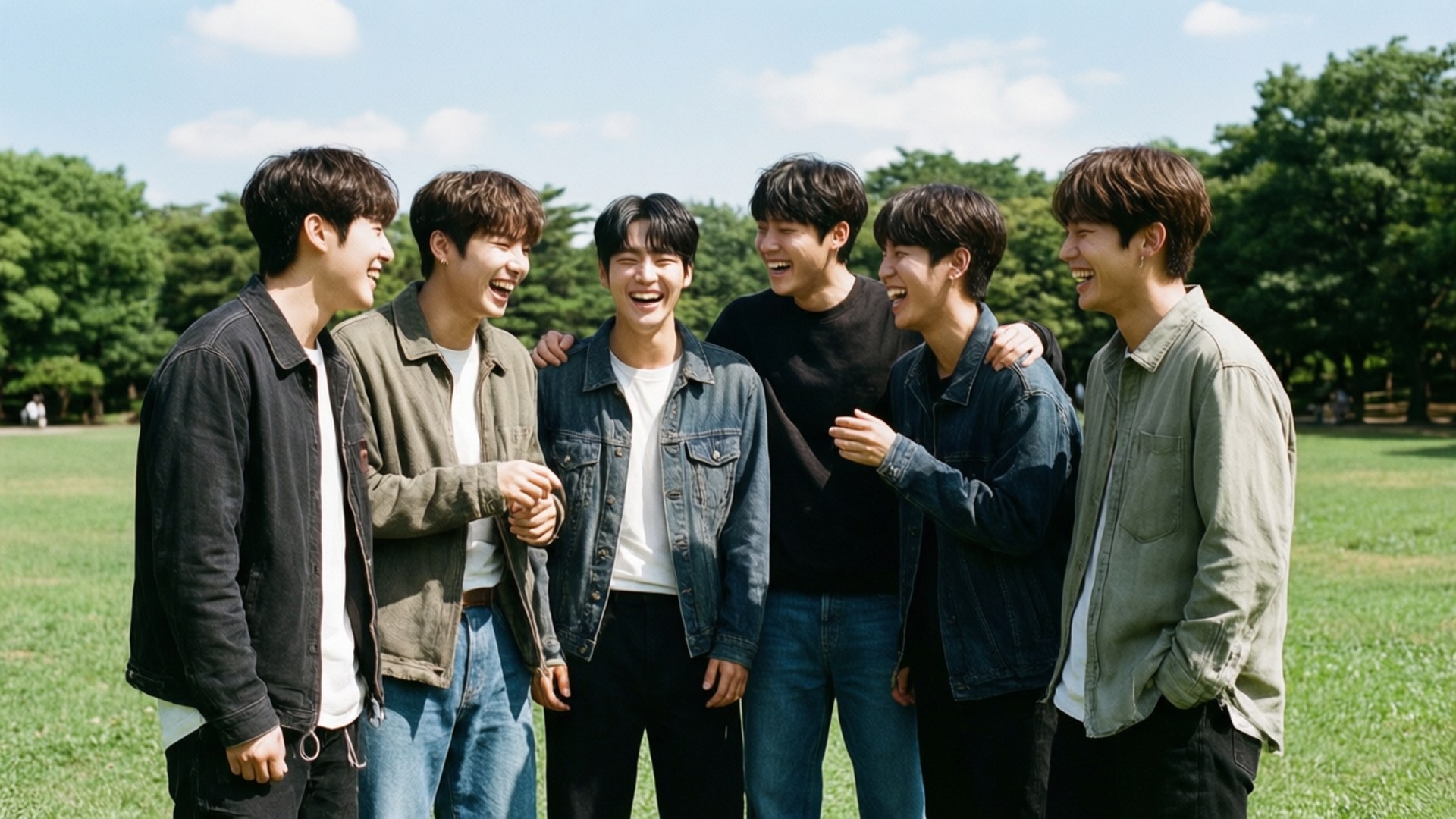 Shinee Casual Park 壁紙 — 六個年輕男子穿著休閒外套，在陽光明媚的草地上一起大笑，背後有樹木和藍天。