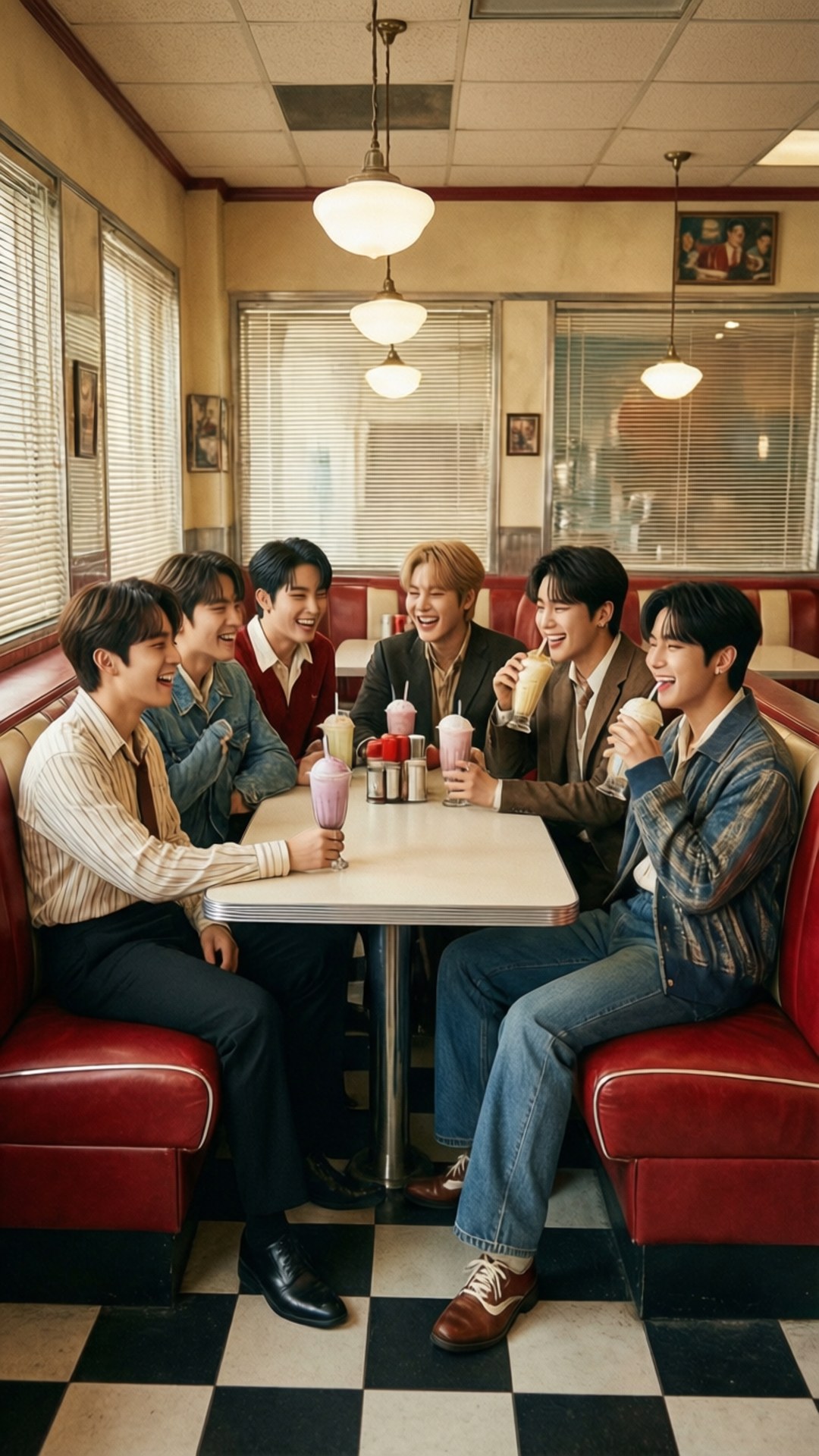 MONSTA X 桌布 壁紙 — 六個年輕男子在復古餐廳卡座裡，一邊喝奶昔一邊大笑，座位是紅色皮革，地板是棋盤格紋。