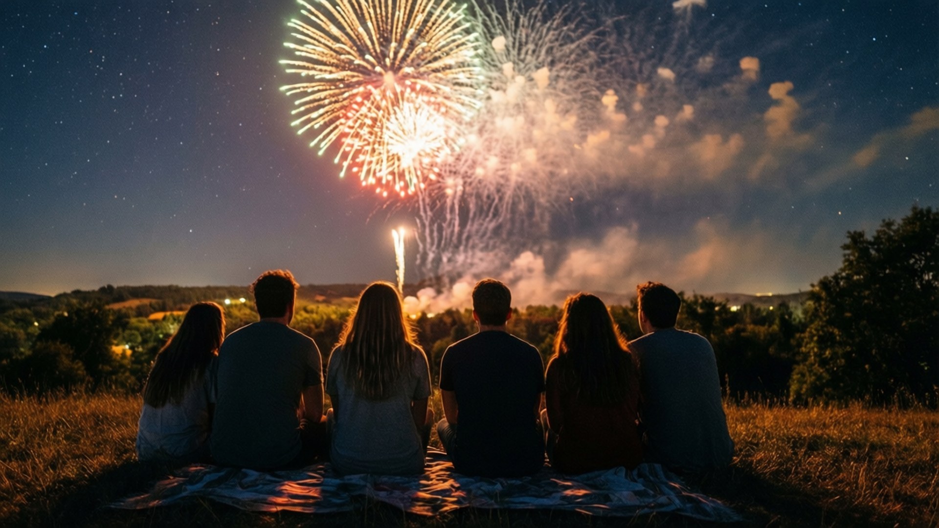 Friends and Fireworks 壁紙 — 六個人坐在草地山坡上的毯子上，觀看色彩繽紛的煙火在星空下綻放。