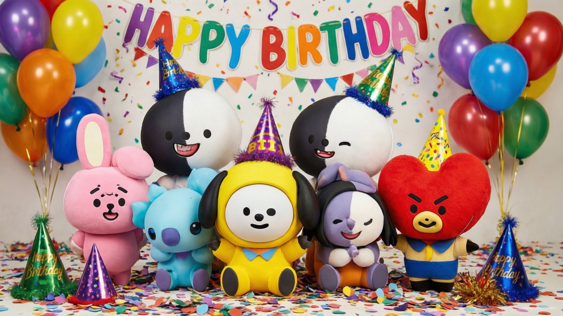 Celebration Party 壁紙 — 六個色彩繽紛的BT21絨毛角色戴著派對帽，在氣球、五彩紙屑和『Happy Birthday』橫幅中微笑。