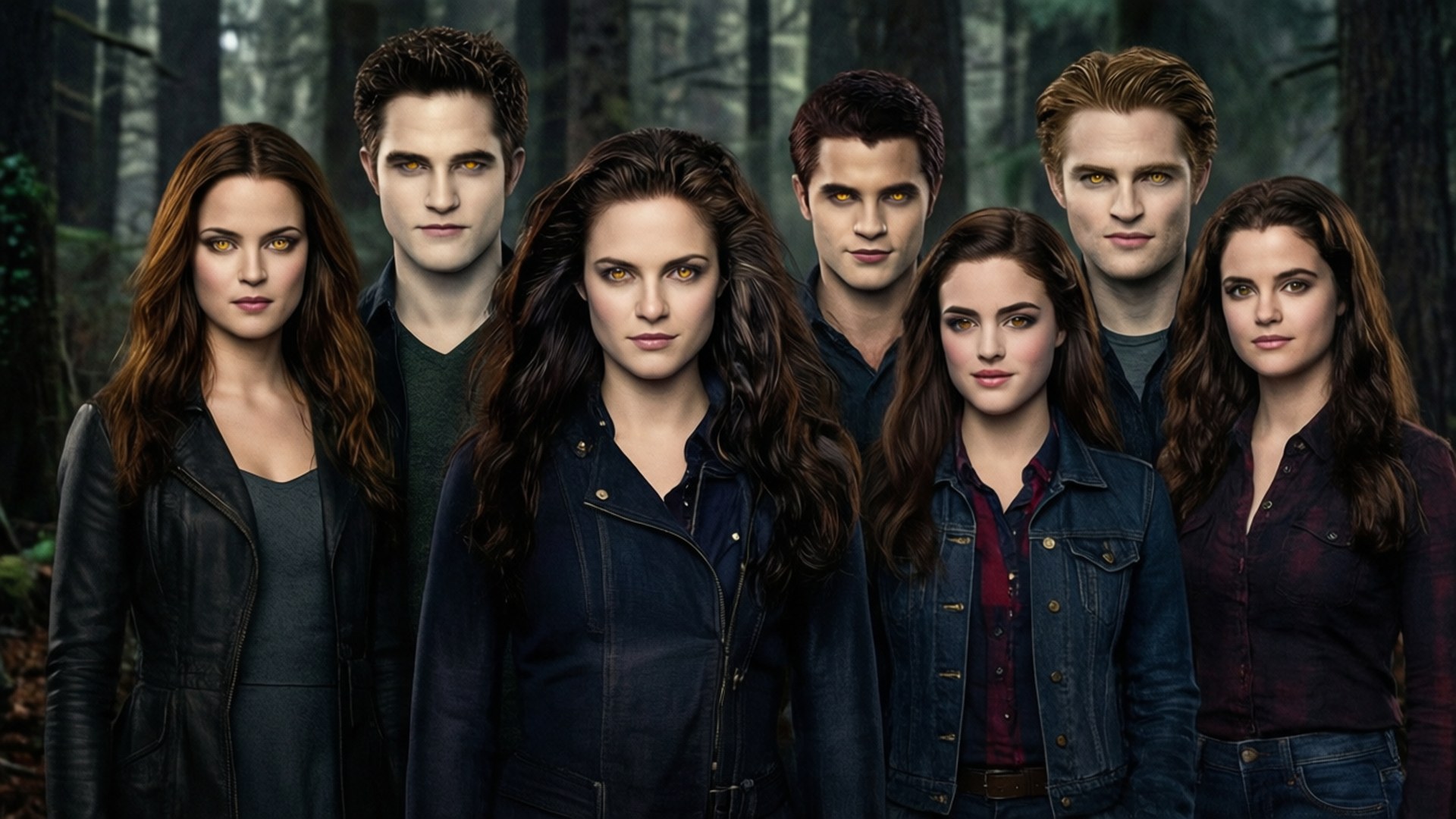 The Twilight Saga 桌布 壁紙 — 六個擁有發光黃色眼睛的吸血鬼站在迷霧森林中，穿著深色休閒服裝。