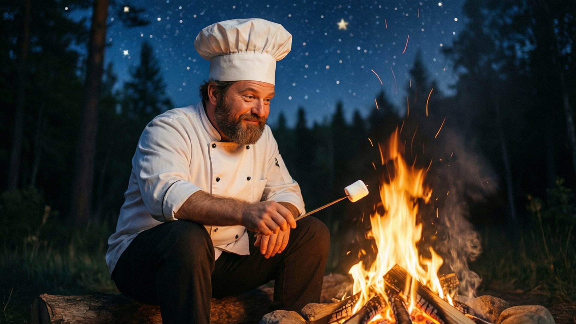 Campfire Cookout 壁紙 — 一位留鬍鬚的廚師戴著白色廚師帽，在森林中繁星點點的夜空下，在噼啪作響的營火上烤棉花糖。