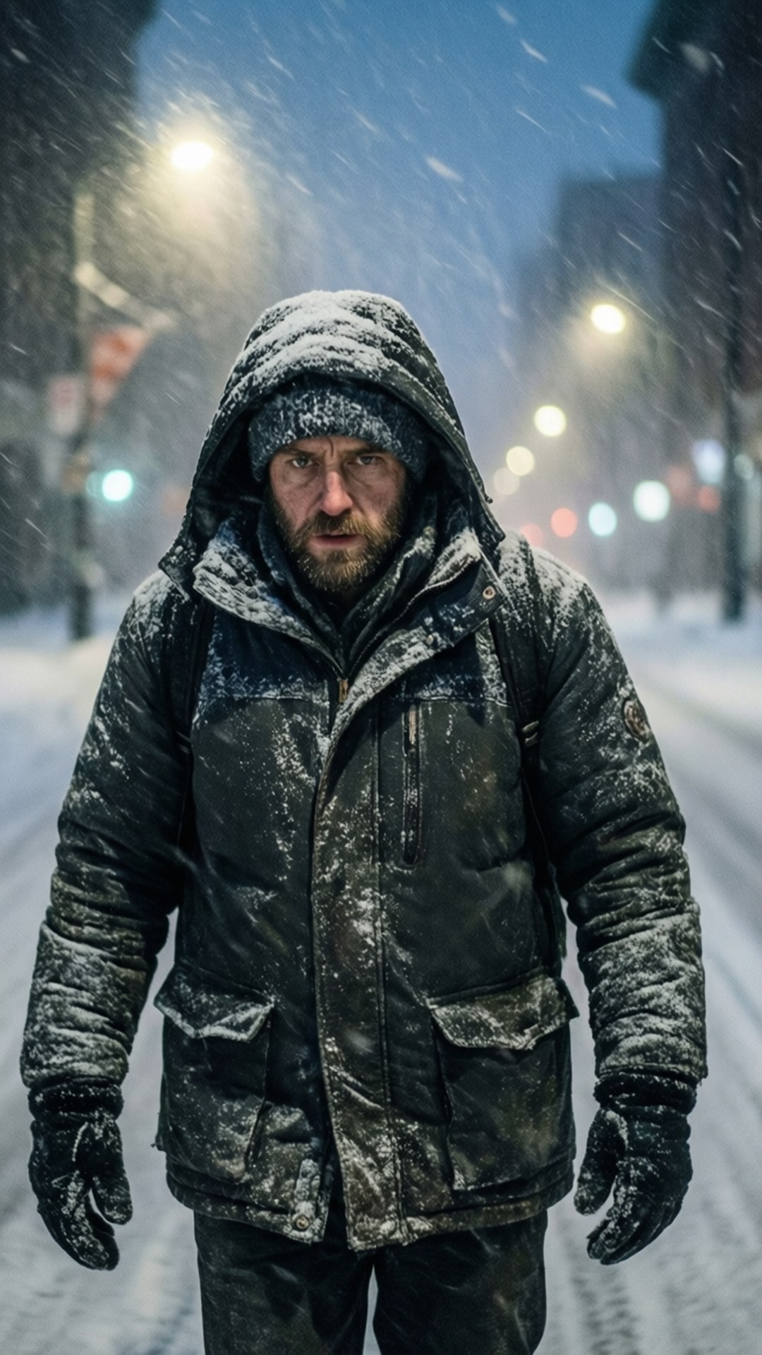 Blizzard Walk 壁紙 — 一個留鬍鬚的男人穿著被雪覆蓋的連帽外套，站在街燈照亮的暴風雪中的城市街道上。